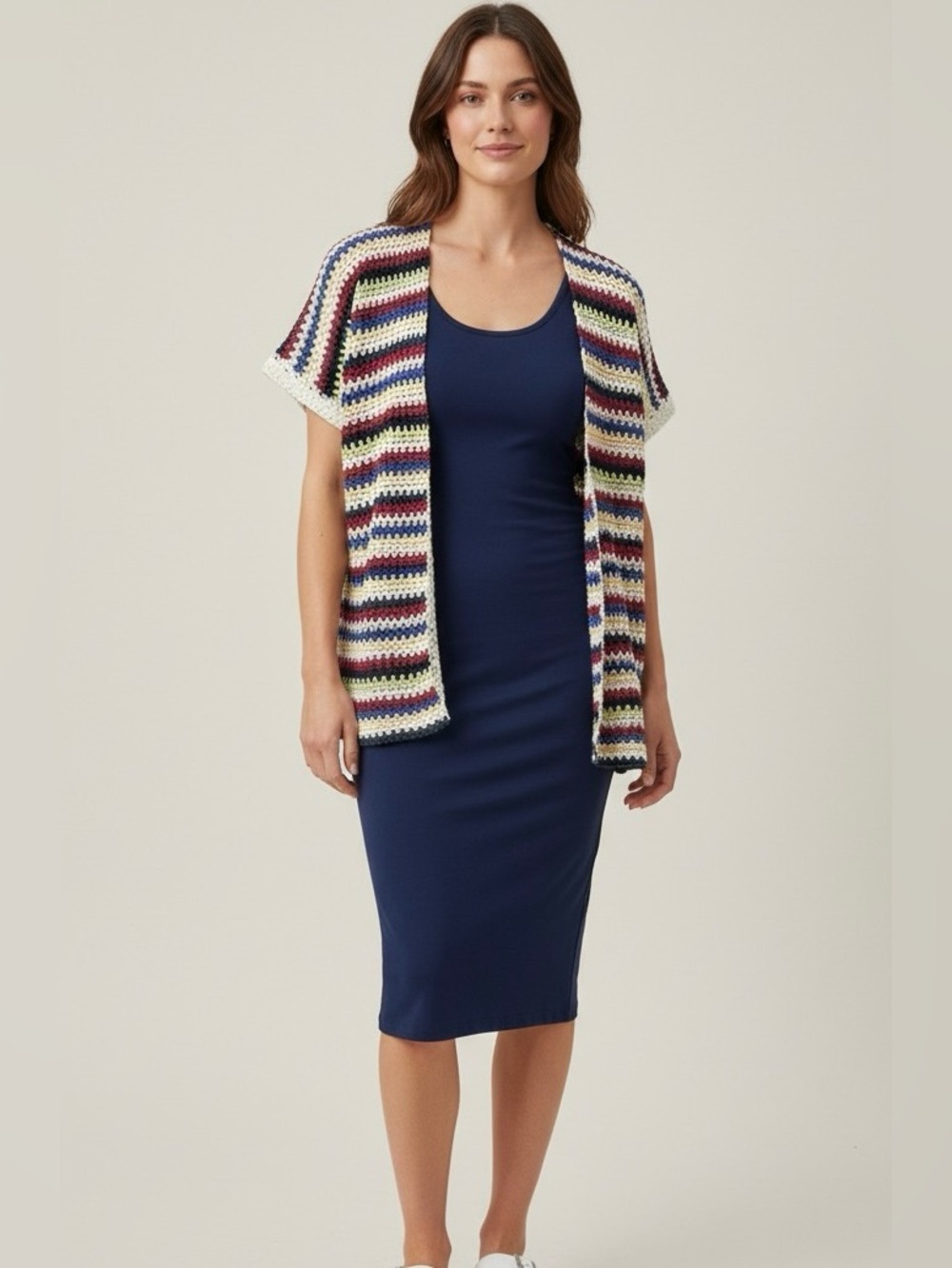 Striped Open-Front Crochet Cardigan - Multicolor